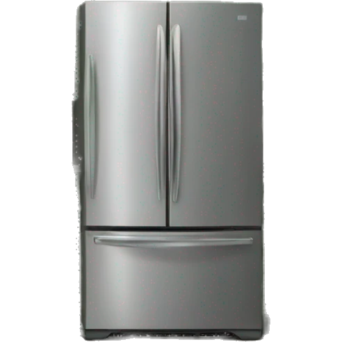 Realistic front facing kitchen cabinets sage green color, with refrigerator on the side emoji