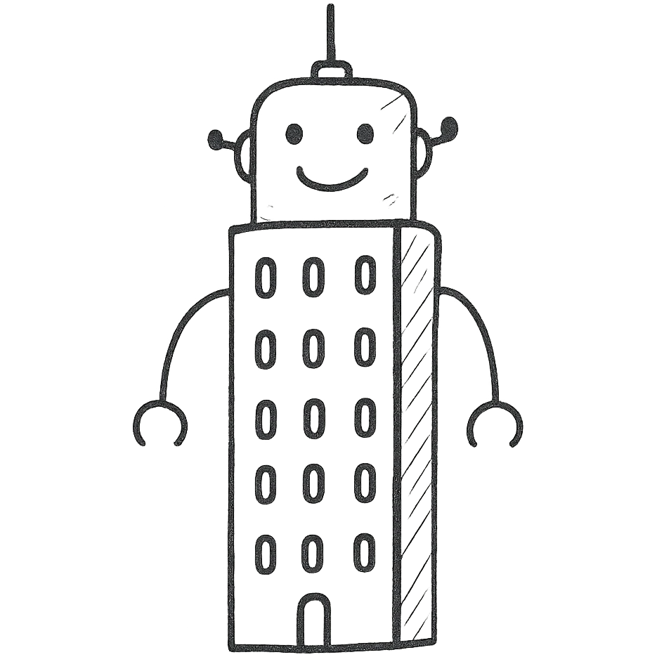 a smiling robot with a skyscraper body emoji