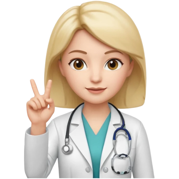 3D memoji style female doctor, white medical coat, stethoscope, raising index finger up like giving important advice, confident facial expression, slight smile, centered, transparent background, emoji