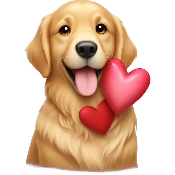 Golden retriever holding Valentine’s heart emoji