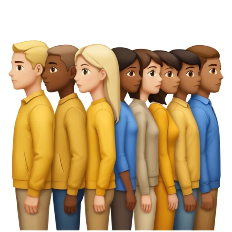 A line of people standing in profile, one behind the other, yellow background emoji