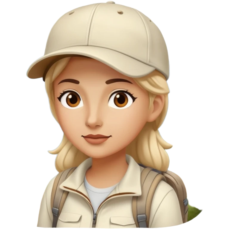 woman hiking on maintain trail cream clothes baseball cap emoji