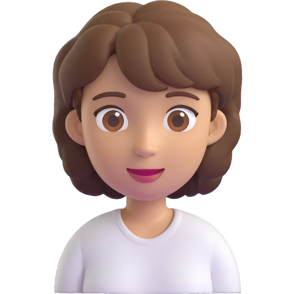 3D emoji style character with short tousled brown hair, slight smile, wearing a white shirt, light background emoji