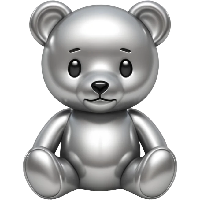 A cute teddy bear emoji made of liquid silver chrome, smooth rounded body, glossy metallic surface, soft reflections, friendly proportions, iOS emoji style, centered, clean white background emoji