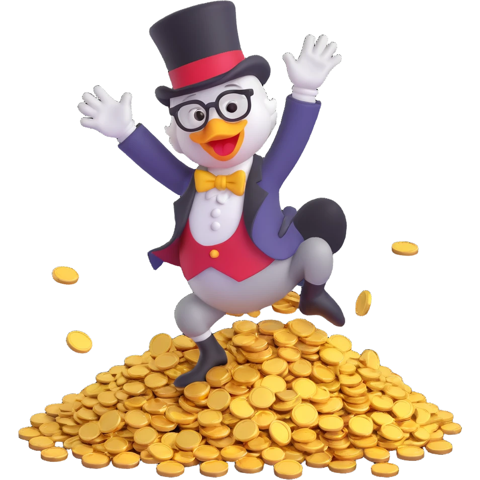 Scrooge McDuck emoji, diving into pile of gold coins, joyful expression, with top hat and glasses emoji