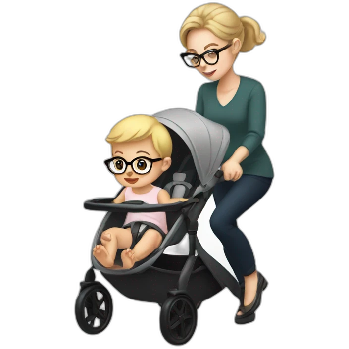White women with brown hair and glasses pushing buggy with blonde baby emoji