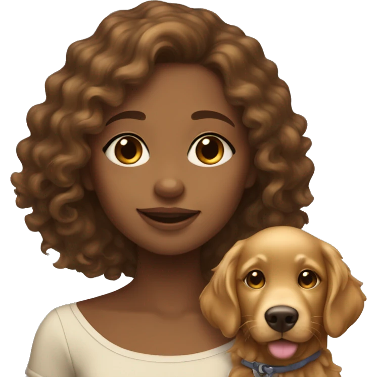 Tan skinned girl with  brown curly hair with a golden retriever puppy emoji