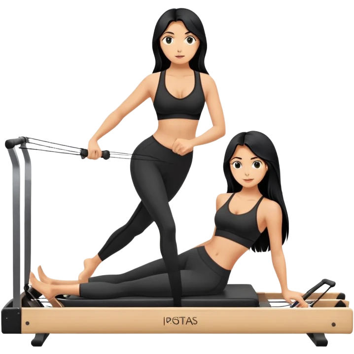 woman with bra, tanned long black hair, doing Pilates reformer emoji