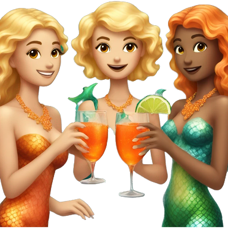 Three beautiful bright skin mermaids drinking aperol emoji