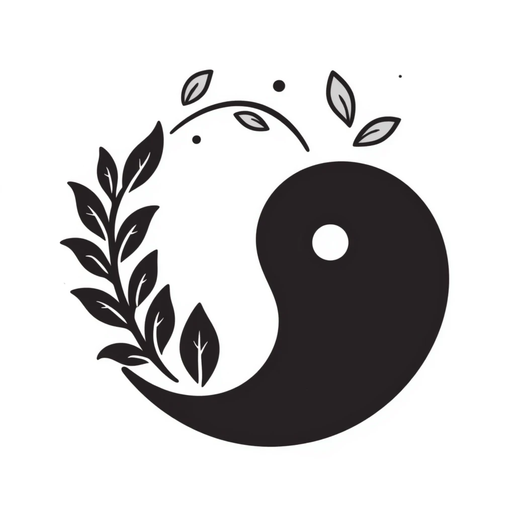 A yin-yang symbol with gentle leaf patterns, representing harmony and balance. Simple hand-drawn doodle style with minimal color. emoji