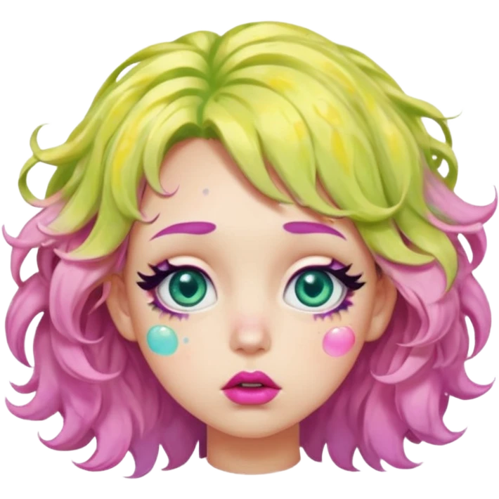 messy, wavy chartreuse hair, with pink specks, bushy eyelashes, and big round eyes, with irises that are teal on the outside and yellow on the inside while making a pouty face saying pay attention to me in bubble words emoji