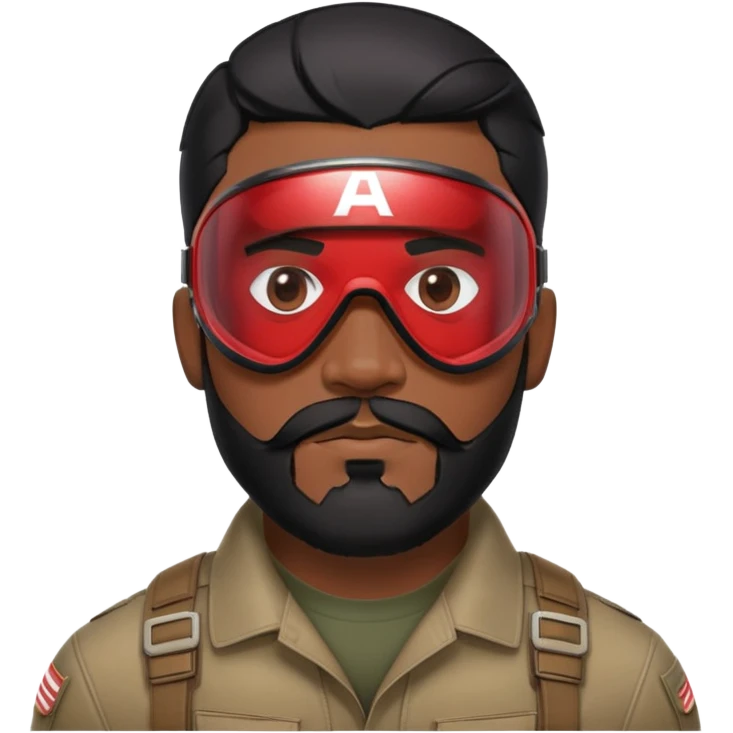 sam wilson with a close to the scalp black hair  and  a well-groomed beard that connects to his mustache,  wear sleek, red-tinted tactical goggles fit snugly from captain america: civil war emoji