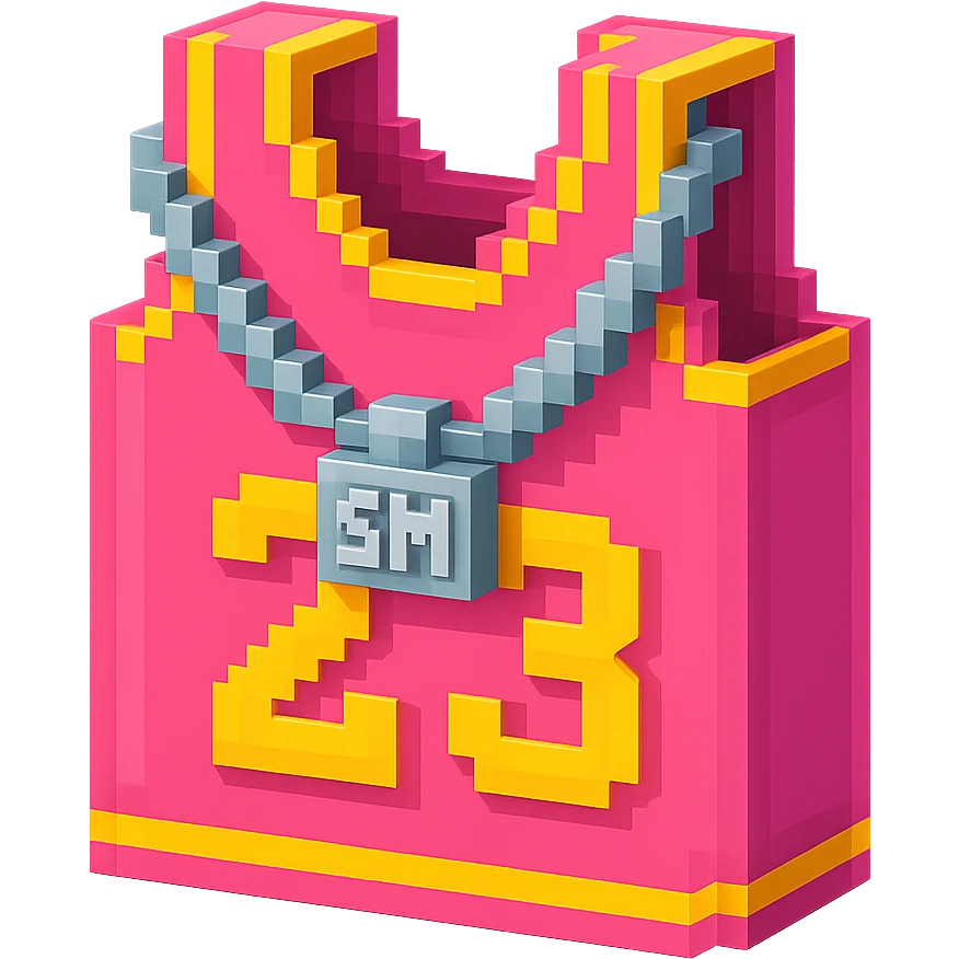 светящейся розовая баскетбольная майка с надписью "23" и серебряная цепь с надписью "SM", no background emoji