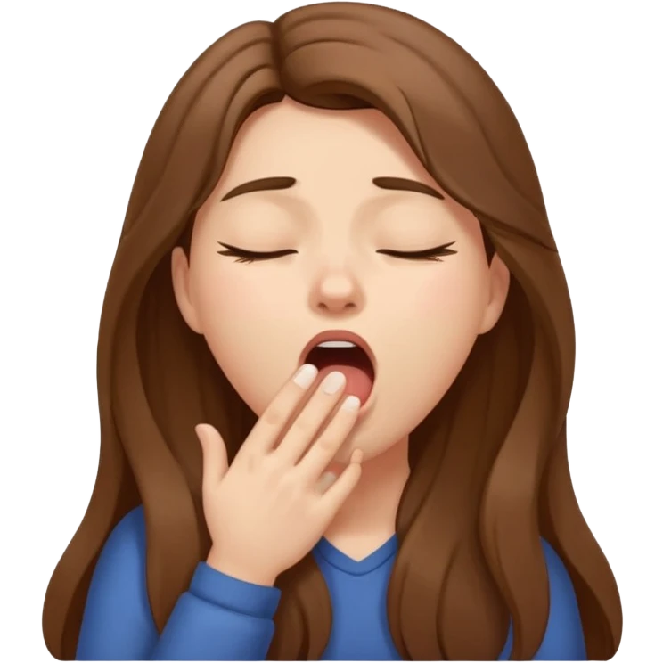 sleepy girl with long brown hair hand covering mouth while yawning emoji