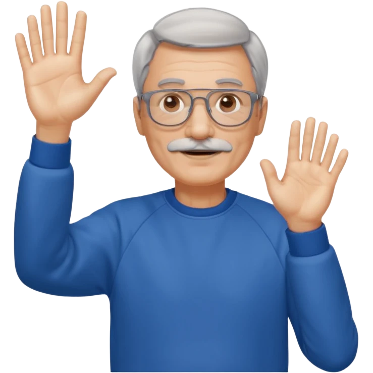 60 yr man with partially gray hair, mustache, light glasses, sweatshirt, waving hello emoji