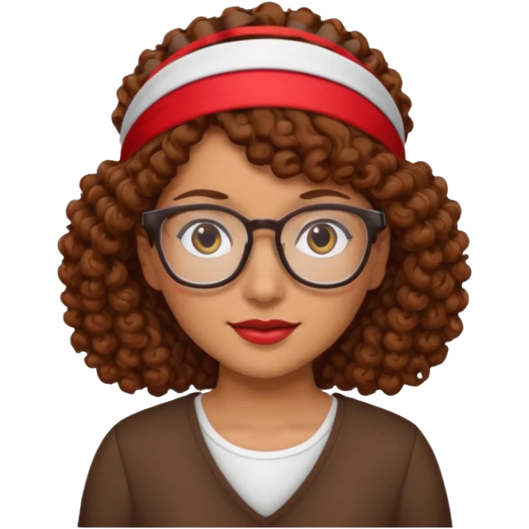 Mujer de piel canela, pelo marron y rizado, lentes y una cinta roja en la frente  emoji
