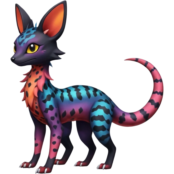 Dark magma-gradients-colored Salandit-Umbreon-Genet-Noivern-Noibat-Serval-Hybrid (Full body) emoji
