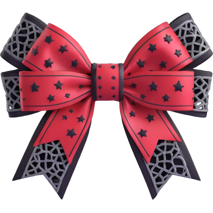 gothic style 3D emoji bow, deep red with black lace pattern, silver stars, moody and ornate emoji