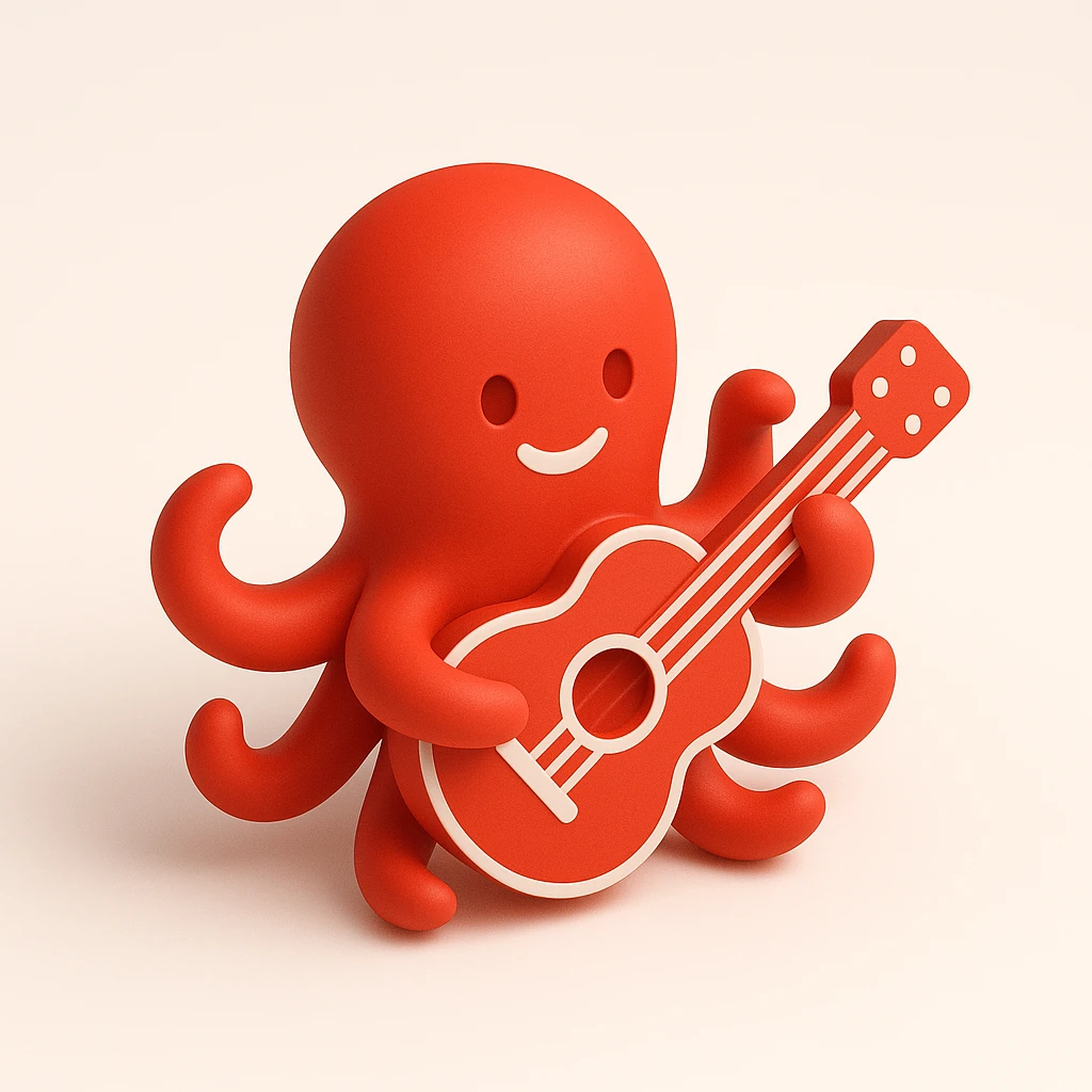 happy octopus with multiple arms playing guitar emoji