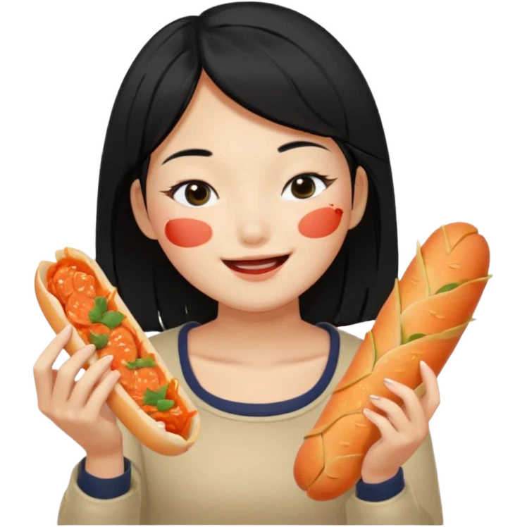 Girl black long hair eat kimchi close eyes baguette emoji