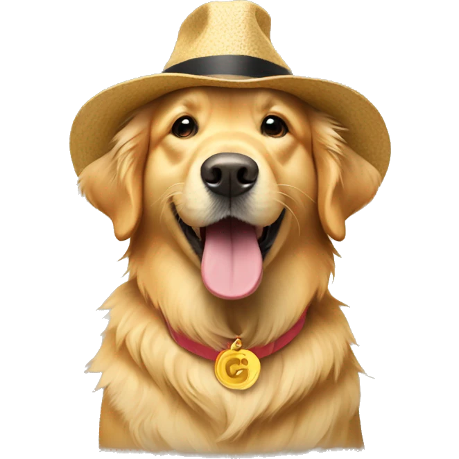 Golden retriever wearing a hat that says Congrats! emoji