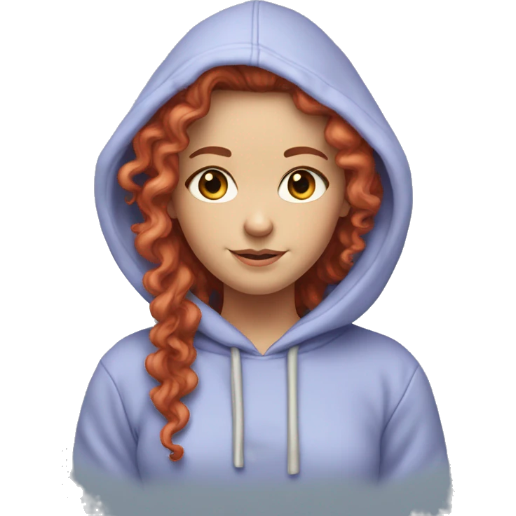 white girl with long red curly hair, wearing a pastel periwinkle hoodie doing a pose emoji