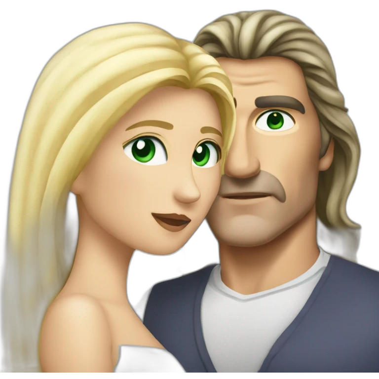 Antonio banderas kiss a blond woman with green eyes and very long hair emoji