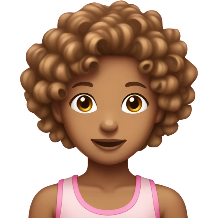 Tan girl with a pink bow and curly brown hair wearing a light pink tank top emoji