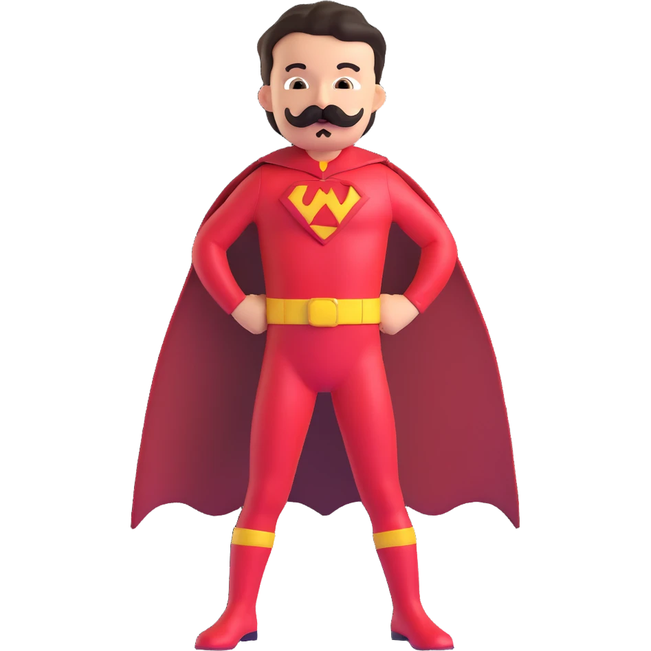 kid superhero with handlebar mustache, mustache-themed costume, young sidekick emoji