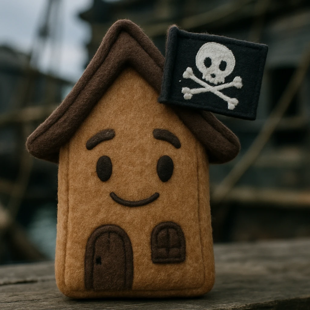 old pirate's house with skull flag emoji