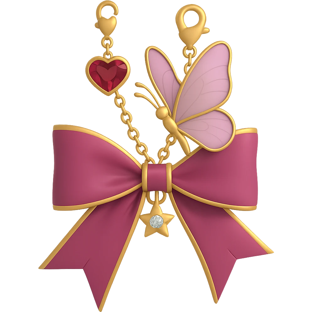Add a delicate butterfly accessory perched on the 3D burgundy bow. Keep the gold trim, sparkling jewel, heart charm, chain, and star pin intact. The style should be 3D emoji style with a clean transparent background. emoji
