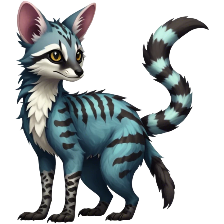 Feral Rare Fantasy dark tropical Vernid-Sergal-Genet-Trico-species by LiLaiRa, random markings, tufted tail, tufted ears, full body emoji