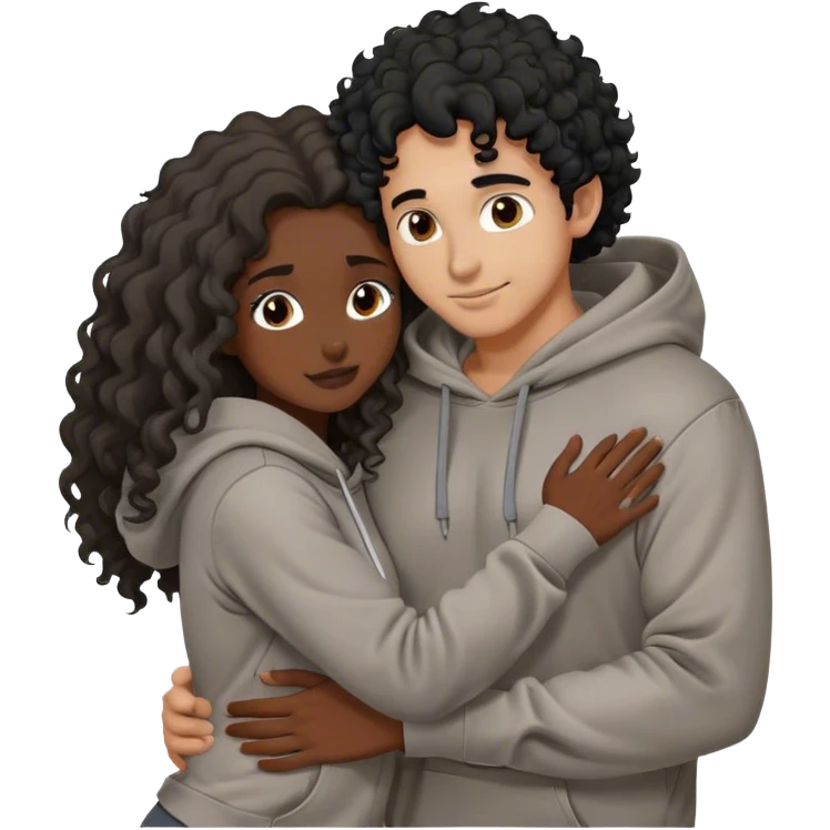 tan-skinned man with curly black hair wearing a brown hoodie and a long-haired black-skinned woman wearing a gray hoodie are hugging. emoji