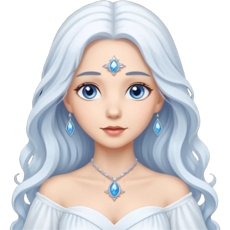 Good Witch of the North from The Wizard of Oz with light skin, blue eyes, long white hair, white outfit emoji
