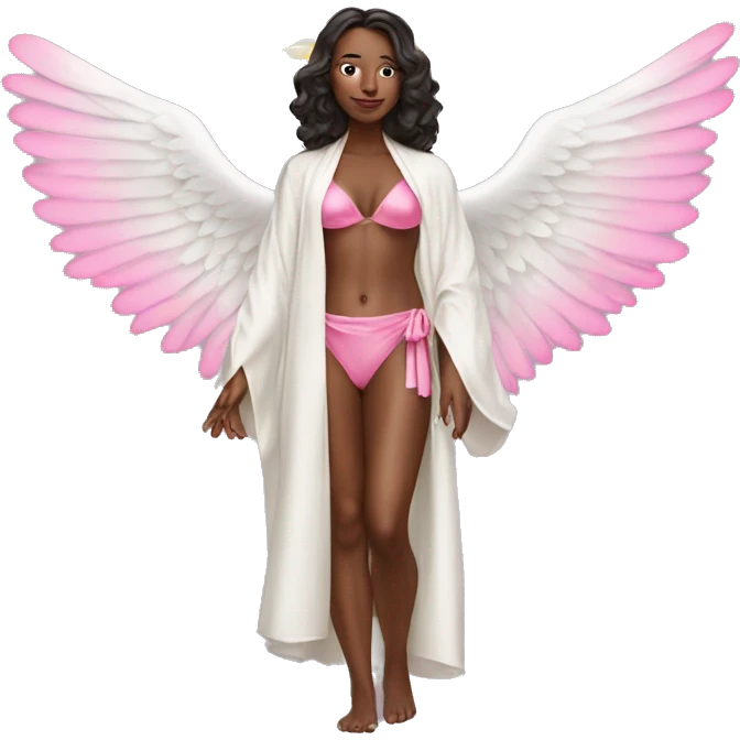 woman in silk robe and pink bikini with angel wings emoji