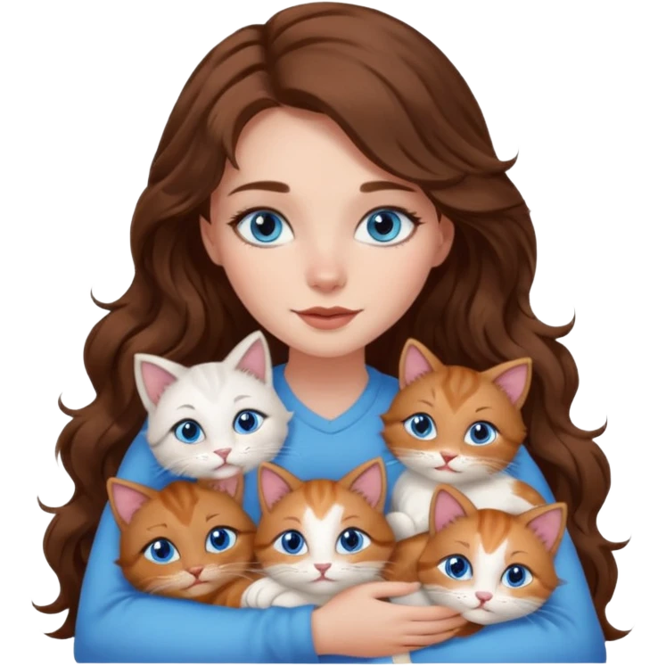 girl with long wavy brown hair, blue eyes, long lashes makeup, cuddling with 6 cats emoji