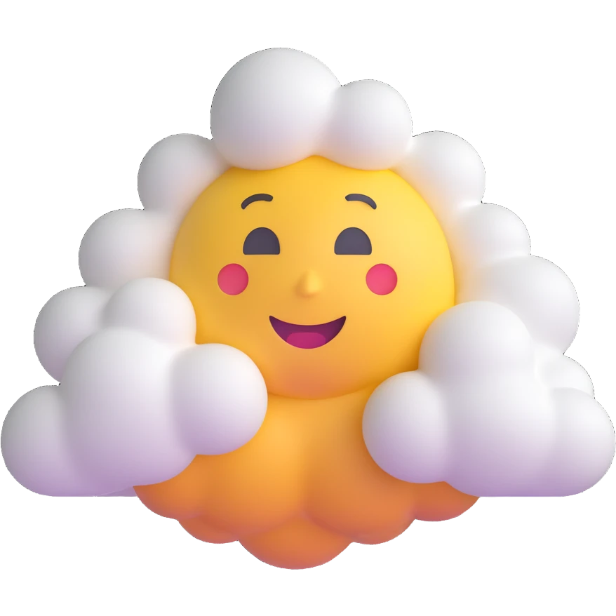 person made entirely of 3D emoji clouds, volumetric white clouds, soft shapes, shoulder up, front view, 3D emoji style emoji