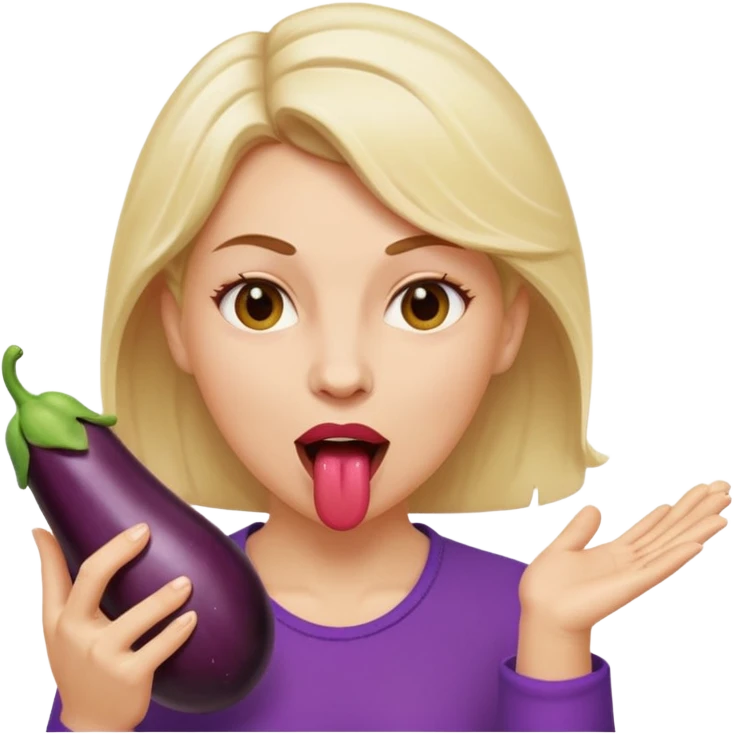 White woman holding an aubergine with white squirt on her face. She has her tongue out emoji