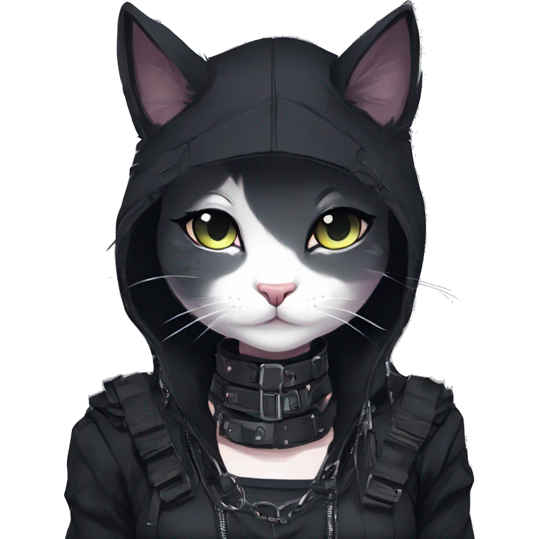 Gorgeous gothic dark techwear anime style anthro cat with blushing face aesthetic and pretty edgy black with collar and harness trending style emoji