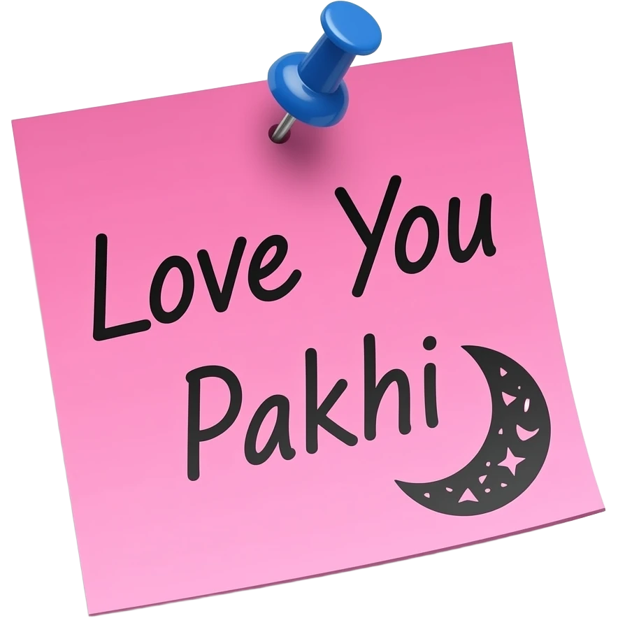 A pink color sticky note with this text 'Love You Pakhi' with a half moon. sticky note should like realistic with pin and a litbit of shadow emoji