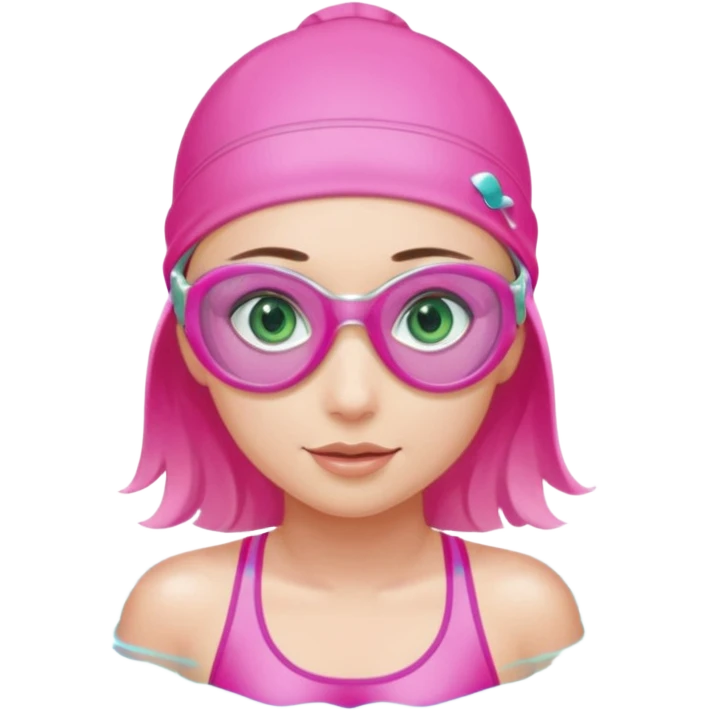 pretty girl with green eyes pink swim cap holographic swimming glasses and cute profesional swimmer pink swimsuit without her hair visible swimming emoji