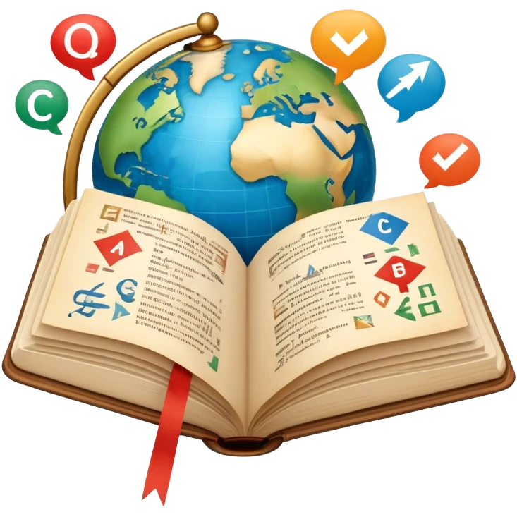 An icon featuring an open book with speech bubbles showing different alphabets—Latin, Cyrillic, Kanji. A globe and translation arrows symbolize global communication and language learning. Transparent background highlights cultural exchange and linguistic diversity. emoji
