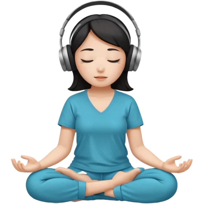 An East Asian woman is sitting cross-legged in a meditation pose, wearing Apple headphones and listening to music. The song is so beautiful that she has her eyes closed and tears streaming down her face. emoji