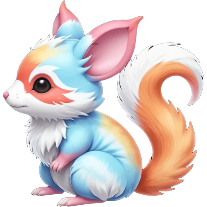  Shiny iridescent light warmly colored reddish-orange-gold-gradients neon vibrant bioluminescent colorful pastel flourishing flurry fuzzy Absol-Minccino-Furret-Zangoose-Chinchilla-Stitch-fusion-animal-Fakémon-hybrid-creature  emoji