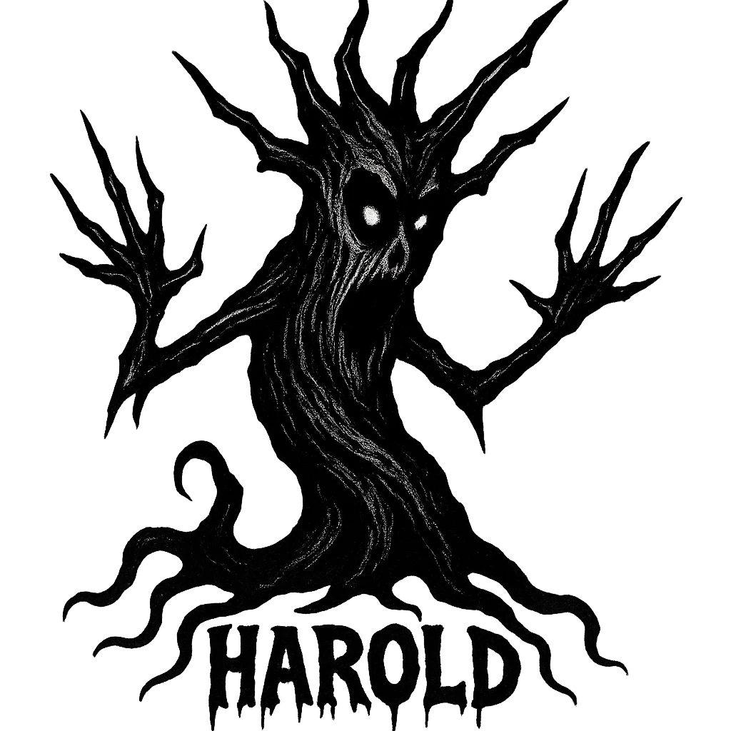 twisted haunted tree named Harold, hollow eyes, sharp branches, ghostly silhouette, inspired by Haunted Mound emoji