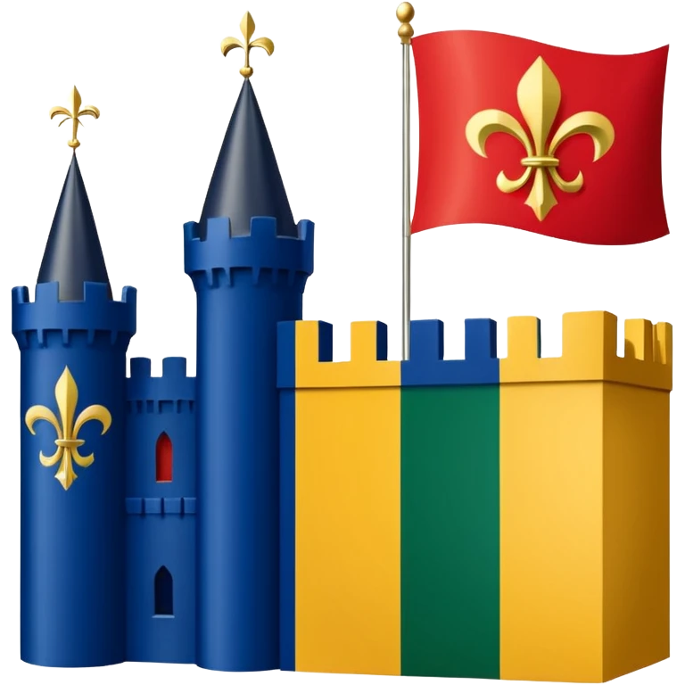 Louisiana Creole flag in 4 boxes: gold fleur-de-lis on deep blue/black; green, yellow, red stripes in upper right and lower left with green star in upper right; yellow castle on red in lower right. Flat vector, clean, high contrast, clear at small size. emoji