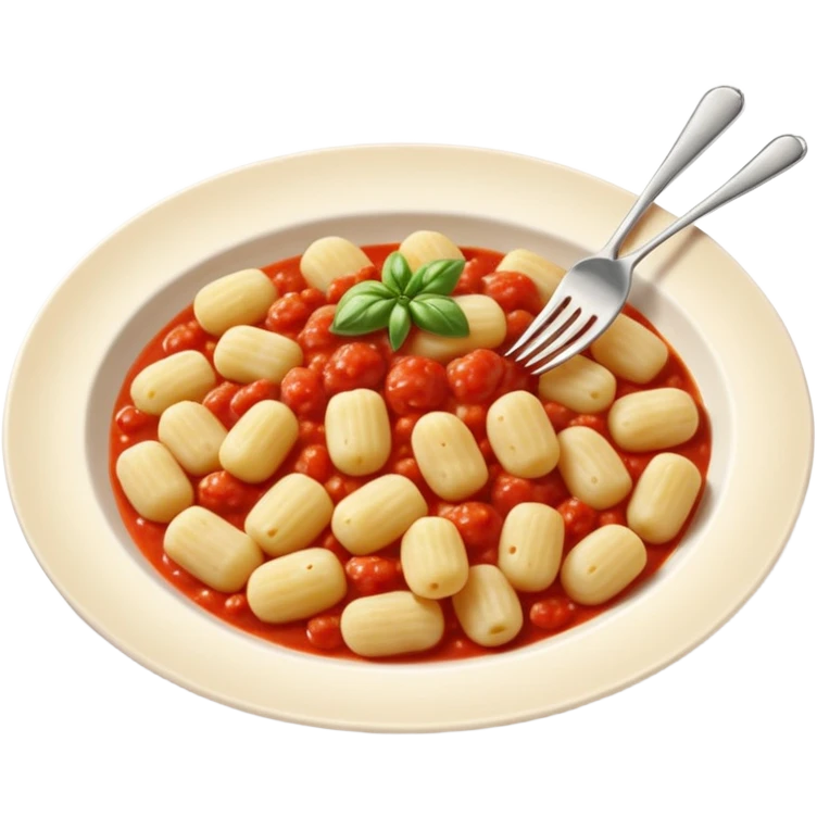 Gnocchi Cinematic Realistic Gnocchi Dish Emoji, depicted as tender oblong potato gnocchi garnished with iconic fork marks on top, rendered with soft textures and warm, inviting lighting. add tomato sauce emoji