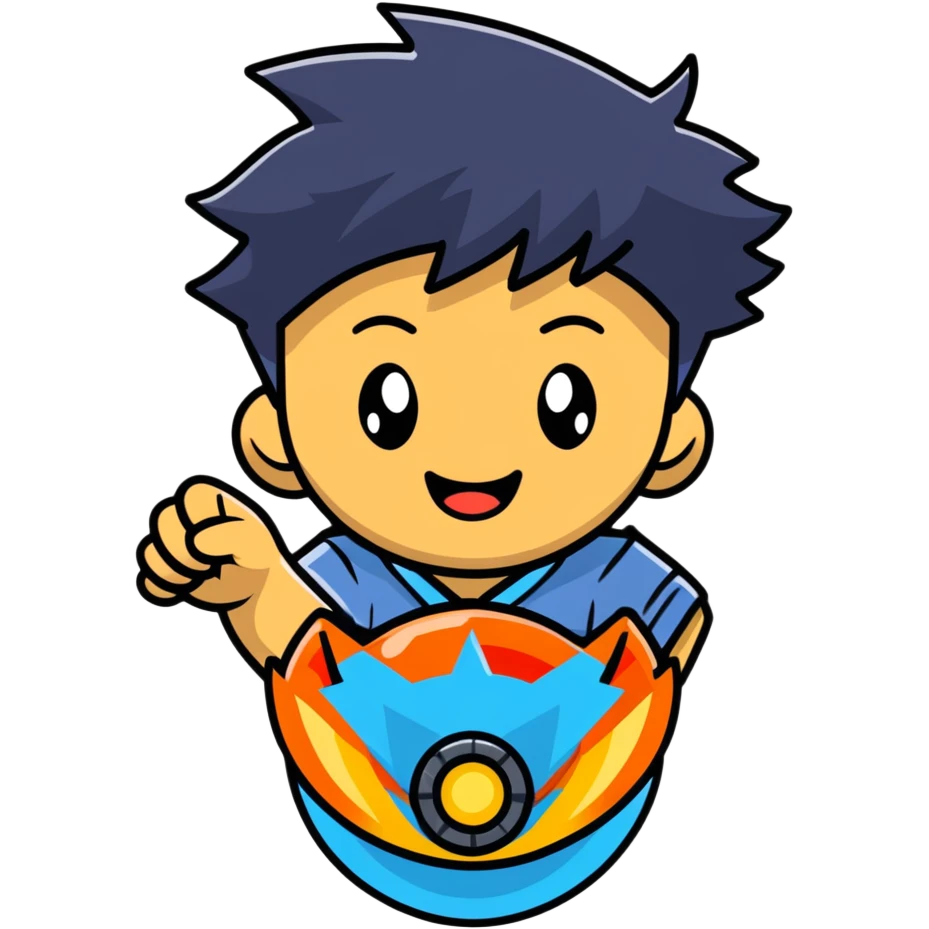 happy kid launching a beyblade, joyful expression emoji