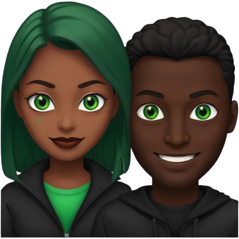 two evil persons (male and female) with devilish smile and black face and green eyes emoji