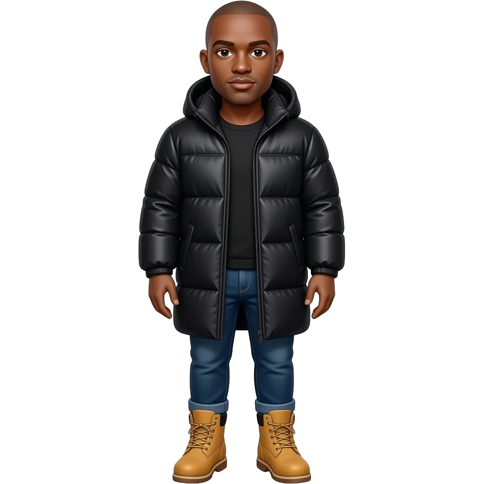 Bald smooth oval head  black man with black puffer coat, timberland boots nyc emoji